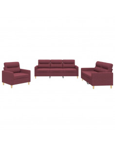 Set di Divani 3 pz con Cuscini Rosso Vino in Tessuto