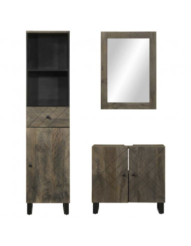 Set Mobili da Bagno 3 pz Nero in Legno Massello di Mango