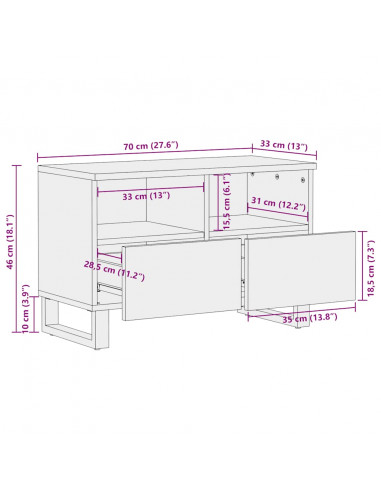 Mobile Porta TV Nero 70x33x46 cm in Legno Massello di Mango
