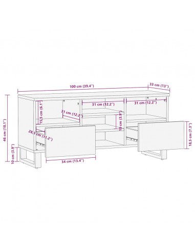 Mobile Porta TV Nero 100x33x46 cm in Legno Massello di Mango