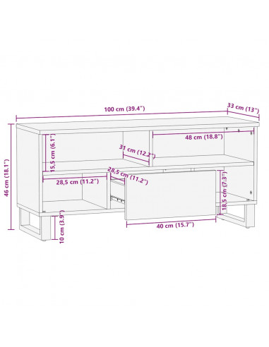 Mobile Porta TV Nero 100x33x46 cm in Legno Massello di Mango