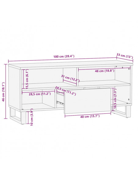 Mobile Porta TV Nero 100x33x46 cm in Legno Massello di Mango