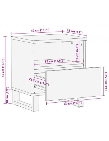 Comodino Nero 40x33x46 cm in Legno Massello di Mango