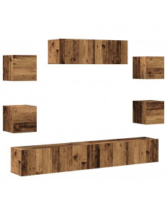 Set Mobile TV 7 pz Montato a Parete Legno Antico in Truciolato