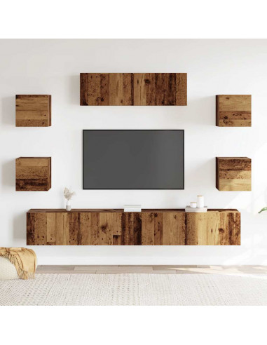 Set Mobile TV 7 pz Montato a Parete Legno Antico in Truciolato