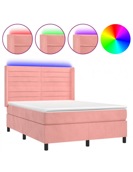 Letto a Molle con Materasso e LED Rosa 140x200 cm in Velluto