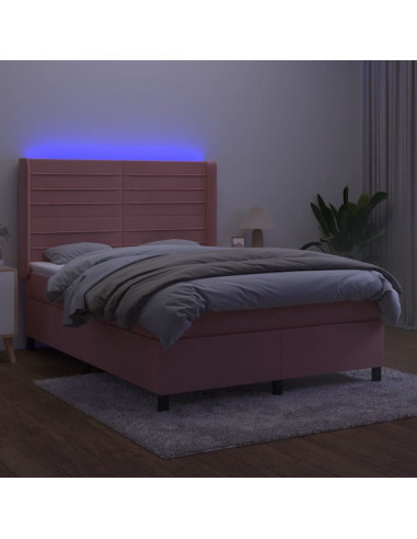 Letto a Molle con Materasso e LED Rosa 140x200 cm in Velluto