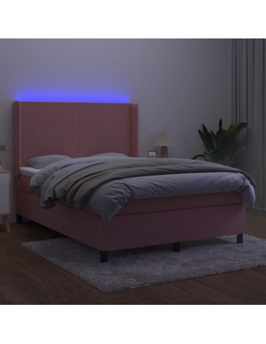 Letto a Molle con Materasso e LED Rosa 140x200 cm in Velluto