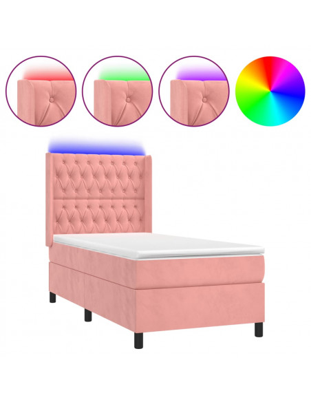 Letto a Molle con Materasso e LED Rosa 90x200 cm in Velluto
