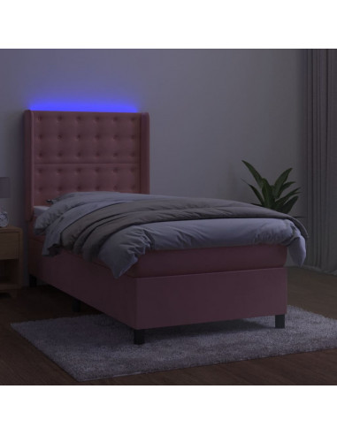 Letto a Molle con Materasso e LED Rosa 100x200 cm in Velluto