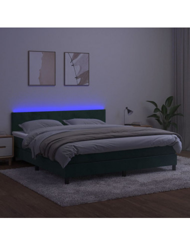 Letto a Molle con Materasso e LED Verde Scuro 160x200cm Velluto