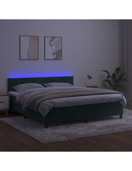 Letto a Molle con Materasso e LED Verde Scuro 160x200cm Velluto