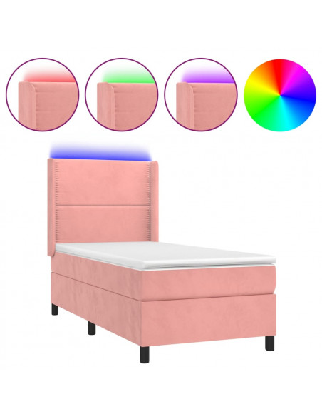 Letto a Molle con Materasso e LED Rosa 90x190 cm in Velluto