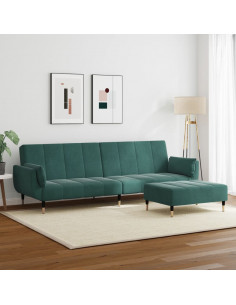Divano Letto a 2 Posti con Poggiapiedi Verde Scuro in Velluto 2