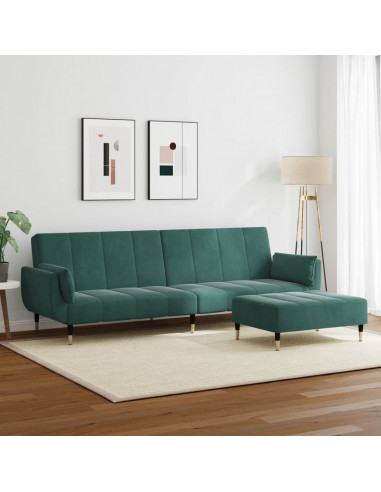 Divano Letto a 2 Posti con Poggiapiedi Verde Scuro in Velluto