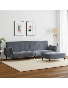 Divano Letto 2 Posti con Poggiapiedi Grigio Scuro in Velluto 2