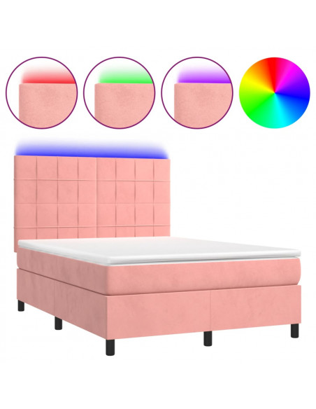 Letto a Molle con Materasso e LED Rosa 140x200 cm in Velluto
