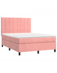 Letto a Molle con Materasso e LED Rosa 140x200 cm in Velluto 2