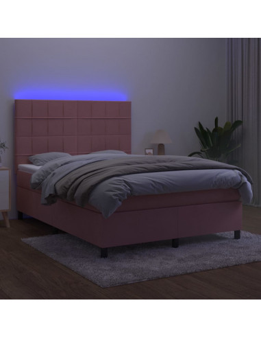 Letto a Molle con Materasso e LED Rosa 140x200 cm in Velluto