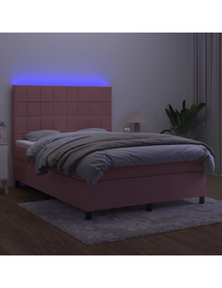 Letto a Molle con Materasso e LED Rosa 140x200 cm in Velluto