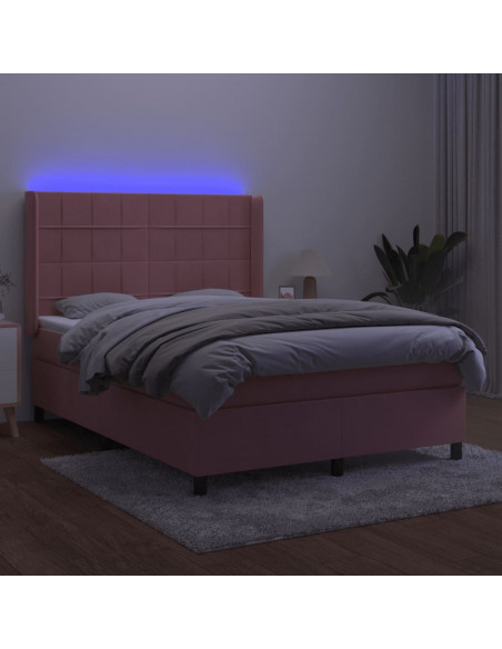 Letto a Molle con Materasso e LED Rosa 140x200 cm in Velluto