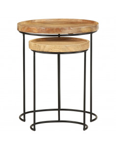 Set Tavolini da Salotto 2 pz Legno Massello di Mango e Acciaio