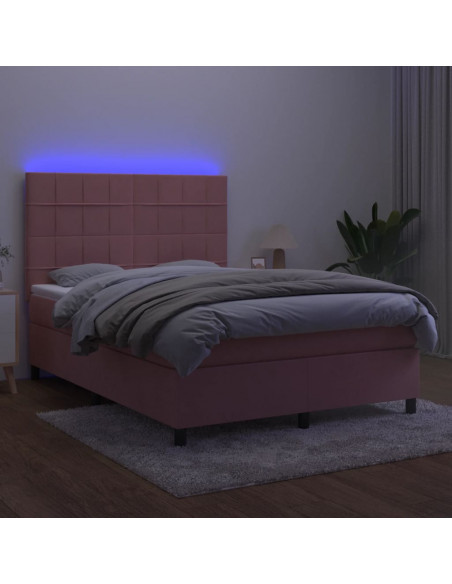 Letto a Molle con Materasso e LED Rosa 140x190 cm in Velluto