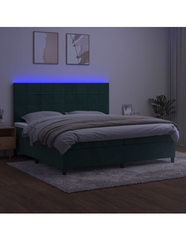 Letto a Molle con Materasso e LED Verde Scuro 200x200cm Velluto