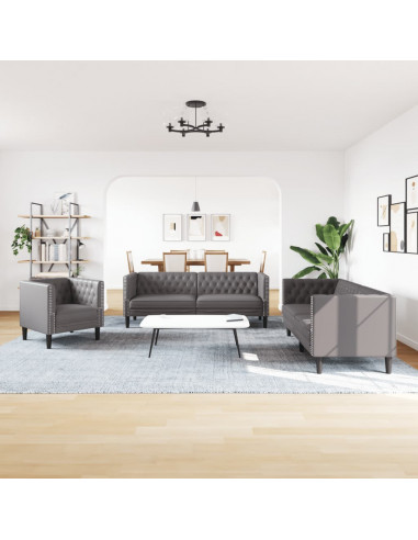 Set Divani Chesterfield 3pz Grigio in Similpelle