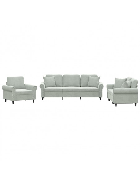 Set di Divani 3 pz con Cuscini Grigio Chiaro in Velluto