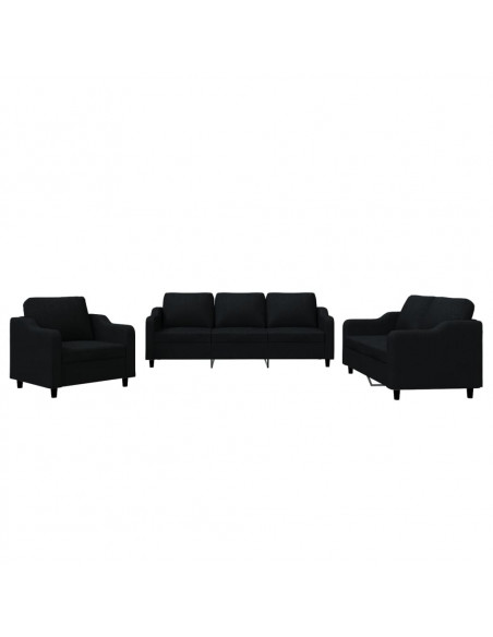 Set di Divani 3 pz con Cuscini Nero in Tessuto