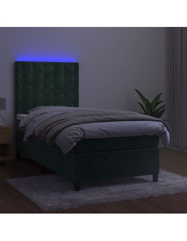 Letto a Molle con Materasso e LED Verde Scuro 90x200cm Velluto