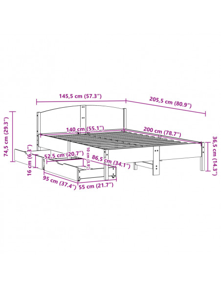 Letto senza Materasso Bianco 140x200 cm Legno Massello di Pino
