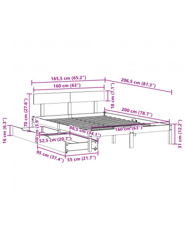 Letto senza Materasso Bianco 160x200 cm Legno Massello di Pino
