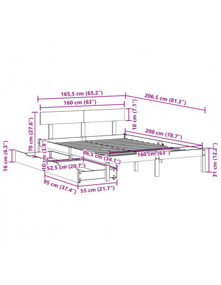 Letto senza Materasso Bianco 160x200 cm Legno Massello di Pino