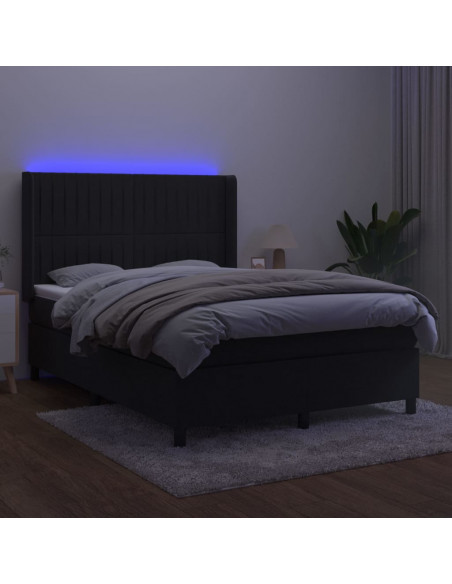Letto a Molle con Materasso e LED Nero 140x190 cm in Velluto