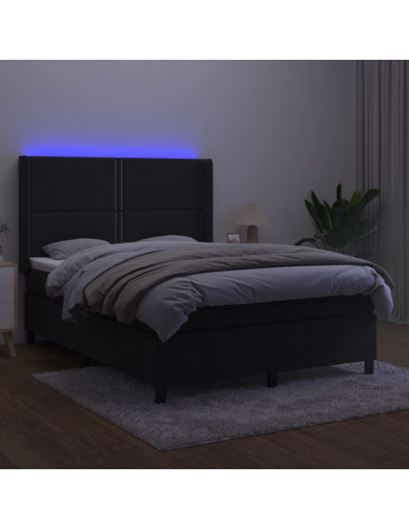 Letto a Molle con Materasso e LED Nero 140x190 cm in Velluto