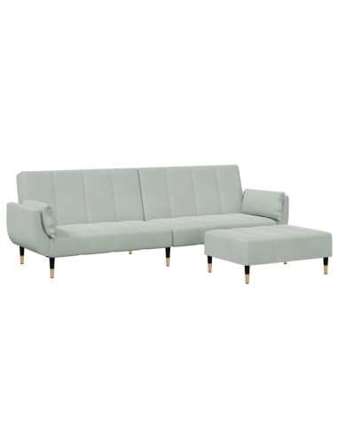 Divano Letto a 2 Posti con Poggiapiedi Grigio Chiaro in Velluto
