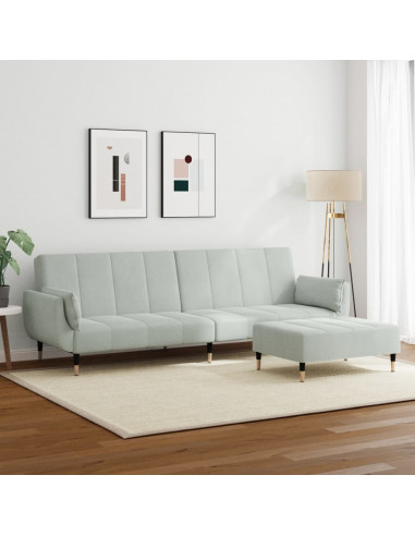 Divano Letto a 2 Posti con Poggiapiedi Grigio Chiaro in Velluto