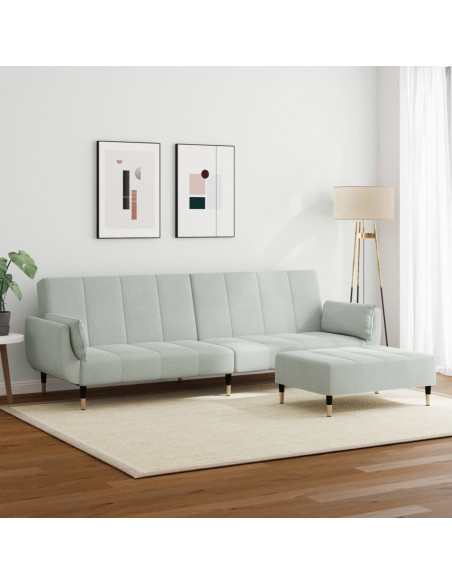 Divano Letto a 2 Posti con Poggiapiedi Grigio Chiaro in Velluto