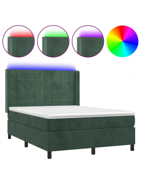Letto a Molle con Materasso e LED Verde Scuro 140x190cm Velluto