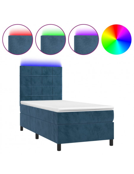 Letto a Molle con Materasso e LED Blu Scuro 90x200cm in Velluto