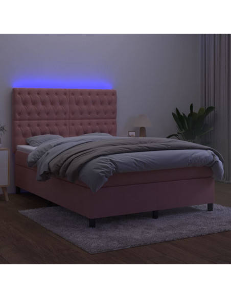 Letto a Molle con Materasso e LED Rosa 140x200 cm in Velluto