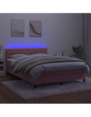 Letto a Molle con Materasso e LED Rosa 140x200 cm in Velluto