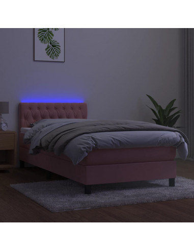 Letto a Molle con Materasso e LED Rosa 90x190 cm in Velluto