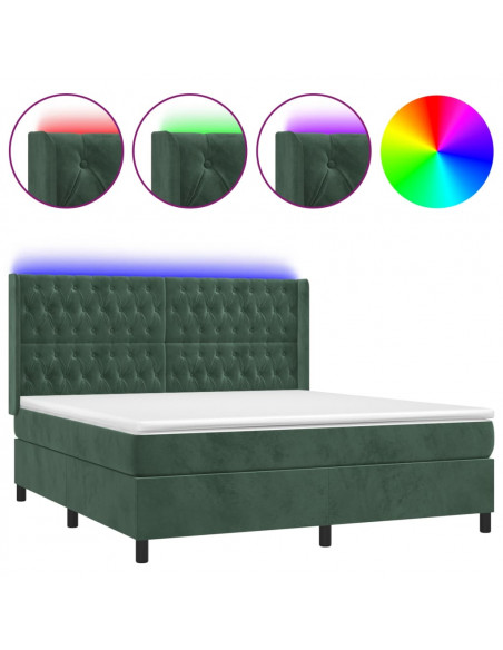 Letto a Molle con Materasso e LED Verde Scuro 180x200cm Velluto