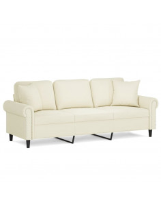 Divano a 3 Posti con Cuscini Crema 180 cm in Velluto