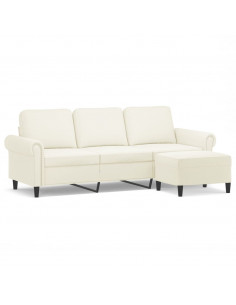 Divano a 3 Posti con Poggiapiedi Crema 180 cm in Velluto