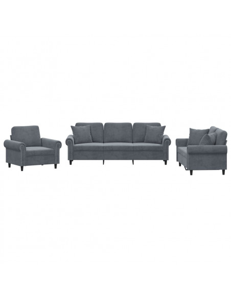 Set di Divani 3 pz con Cuscini Grigio Scuro in Velluto