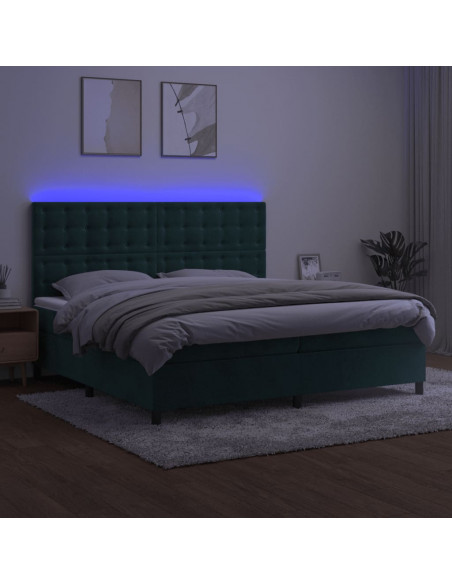 Letto a Molle con Materasso e LED Verde Scuro 200x200cm Velluto